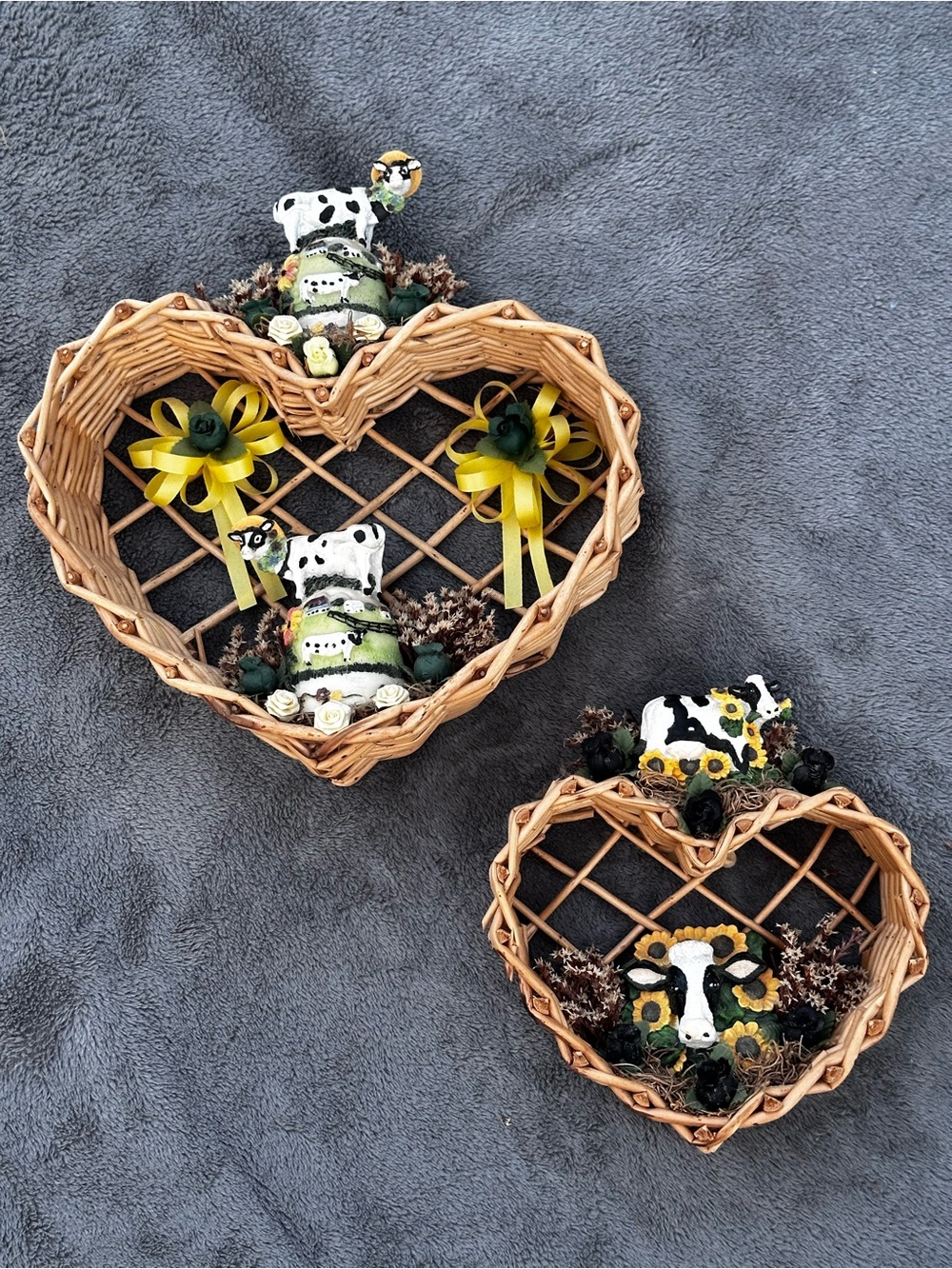 Vtg Cow Farm Theme Hanging Heart Shaped Wicker Baskets Wall Decor - Bundle of 2